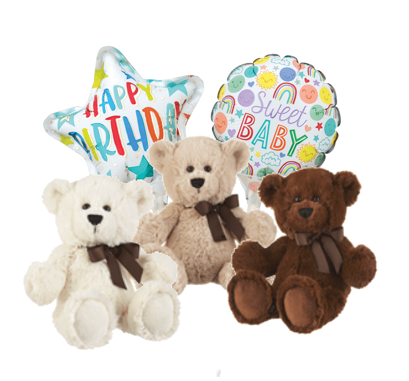 A white, beige and brown stuffed bear with a bow.